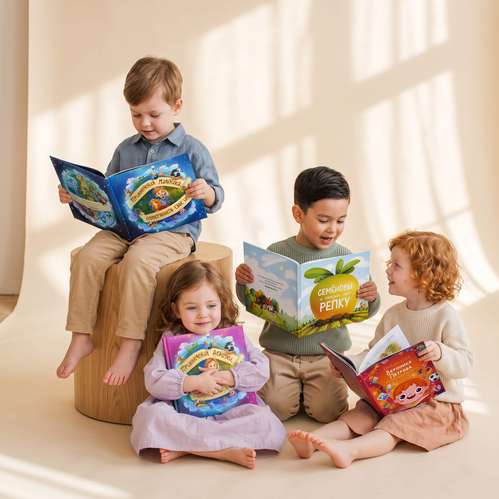 Четверо детей с именными книгами Mynamebook